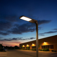 300W LED parking lot light, 5000K daylight, bronze finish, slipfitter mount, Type 5 lens, dusk view over commercial lot