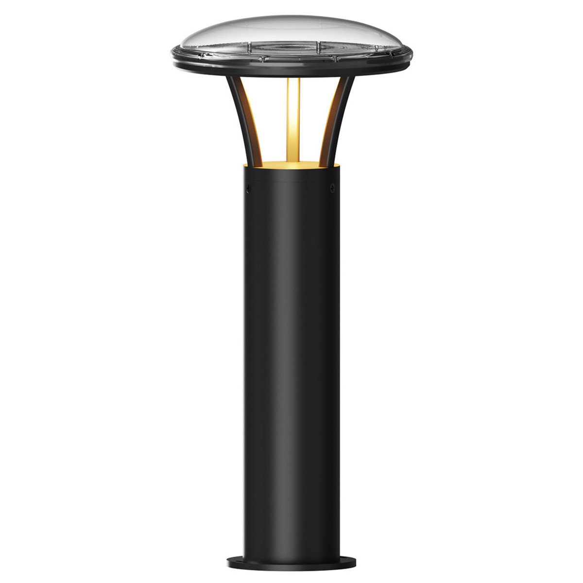 UFO solar bollard light, 3000K soft white, 5000K daylight output, black finish, studio image
