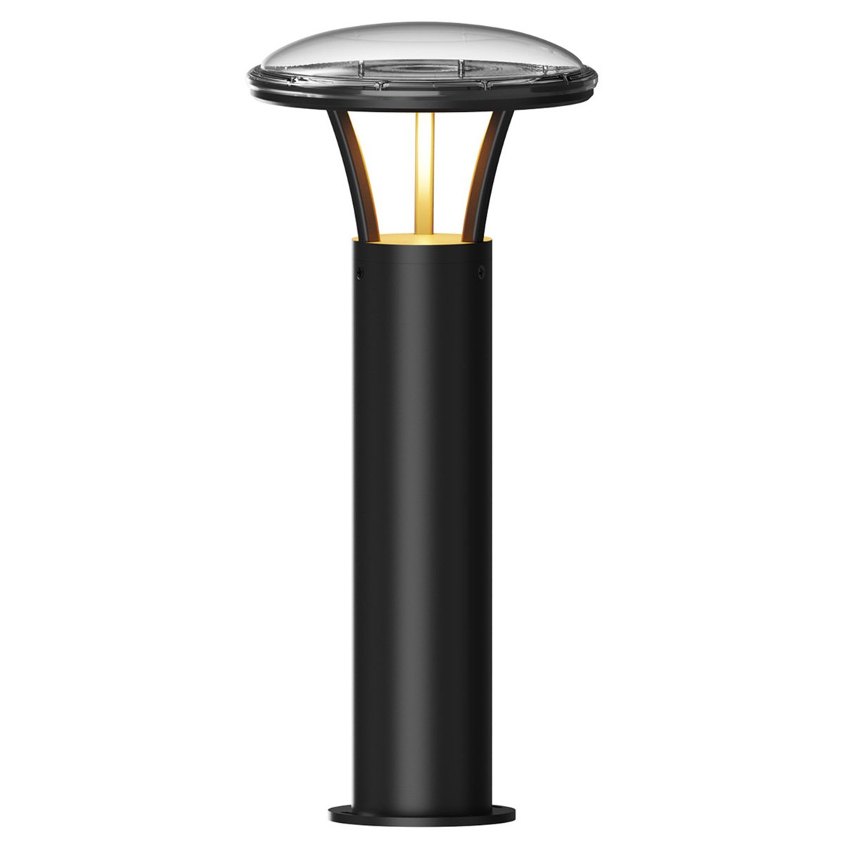 UFO solar bollard light, 3000K soft white, 5000K daylight output, black finish, studio image